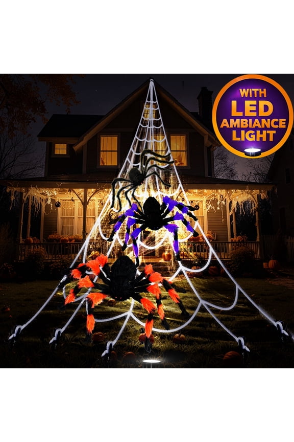 Giant Halloween Spider Web Decoration Set, 23 ft Huge Web with 50" Large Spider, LED Light, and Glow in The Dark Spiders for Outdoor Yard Decor