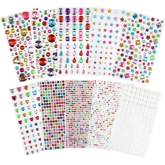 2774Pcs Gem Stickers 10 Sheets Self Adhesive Rhinestones Jewels Stickers Assorted Shaped Multicolor Gems Stickers Acrylic Bling Heart Star Crafts Sticker for DIY Crafts Nail Body Makeup