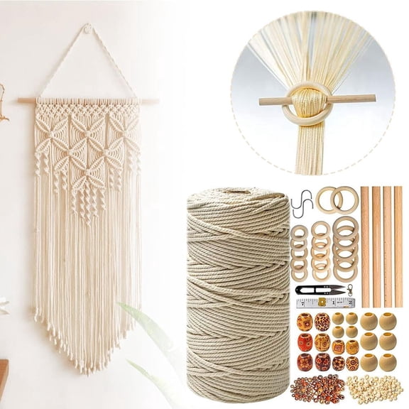 277Pcs Macrame Kit for Beginners, 225 Yards Natural Cotton Macrame Cord with Wood Beads & Rings, DIY Boho Plant Hanger Wall Hanging Craft Supplies for Adults-2PCS