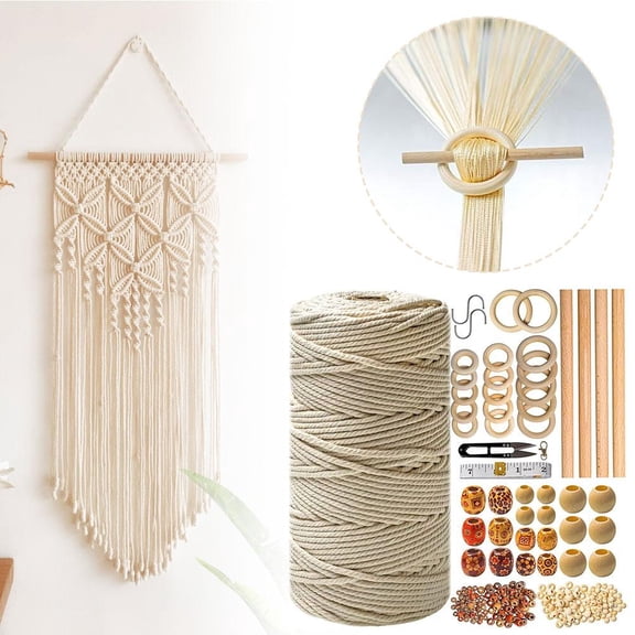 277Pcs Macrame Kit for Beginners, 225 Yards Natural Cotton Macrame Cord with Wood Beads & Rings, DIY Boho Plant Hanger Wall Hanging Craft Supplies for Adults-2PCS