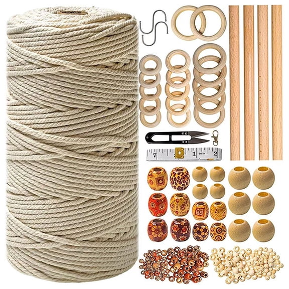 277pcs Macrame Kits for Beginners 225yards Natural Cotton Macrame Cord with Wooden Beads & Rings,Wooden Sticks,Metal Rings Macrame Supplies