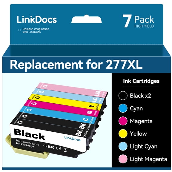 277xl Ink Cartridge Replacement for Epson T277XL T277 to use with Epson XP-960 XP-850 XP-860 XP-950 Printer ( 7 Pack, 2 Black,1 Cyan,1 Magenta,1Yellow,1Light Cyan,1Light Magenta)