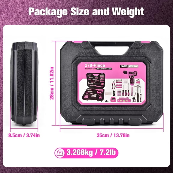 278 Piece Tool Set, 8V Cordless Drill, Tool Kit with Drill, ToolBox for Men & Women, Home Hand Drill Set for Handyman,  (pink)
