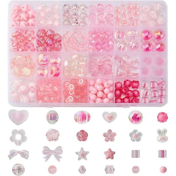 279Pcs 24Style Pink Acrylic Beads Assorted Beads Transparent Mixed Shape Cute Adorable Heart Flower Letters Bead Bulk Set for DIY