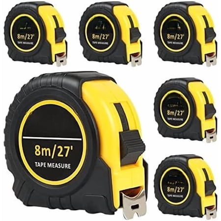 27FT/8M SAE and Metric Tape Measure 6 Pack, Retractable and Easy Read Measuring Tape Bulk Set, Min 1/8 inch Fraction and 1mm Scale