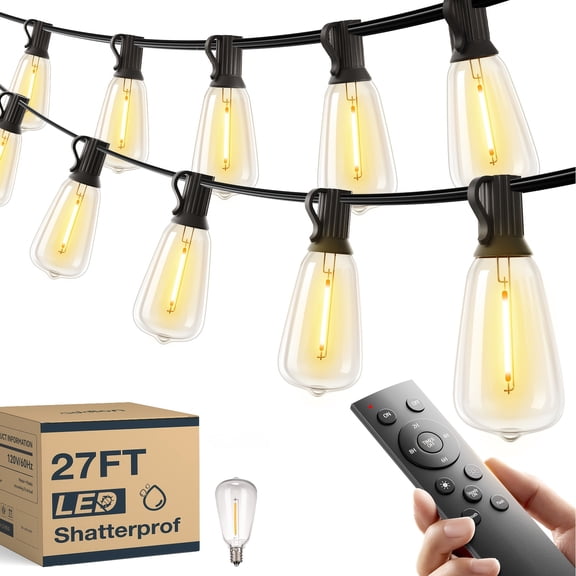 27FT IP54 Waterproof LED Outdoor String Lights With Remote Control- ETL Listed, Shatterproof ST38 Bulbs, Dimmable & Connectable