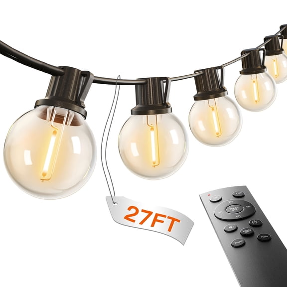 27FT Outdoor IP65 String Lights G40 With Remote, 1 Year Warrenty, LED Waterproof Shatterproof Bulbs, Patio Globe Lights
