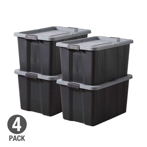 (Pack of 4) Hyper Tough 27 Gallon Large Storage Bin with Latch Lid, Black and Gray, Heavy Duty Plastic Storage Container Black and Gray