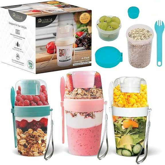 27Oz Overnight Oats Containers 4-Pack Reusable Yogurt Parfait Cups with Lids, Crunch Cup with Spoon & Sauce Container, BPA-Free, Microwave & Dishwasher Safe, Yogurt and Granola Container to Go