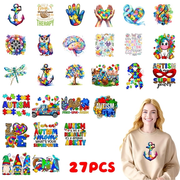 27PC DIY ironing applique patch, 18cm/7.08in, Autism Awareness Puzzles Brain Owl Anchor Tree Dragonfly Superhero ,Easy Heat Transfer for T-Shirts, Jeans, Backpacks, Hats, Durable Washable Stickers