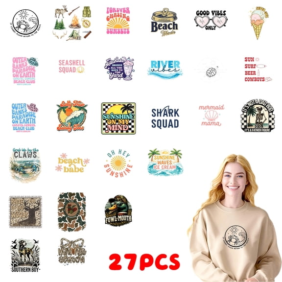 27PC DIY ironing applique patch, 18cm/7.08in, Beach Sunset Shell Squad River Shark Mermaid Sun Shine Waves ,Easy Heat Transfer for T-Shirts, Jeans, Backpacks, Hats, Durable Washable Stickers