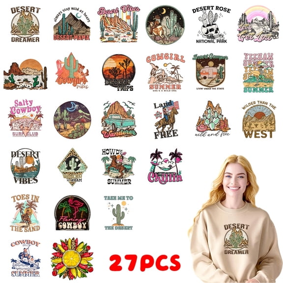 27PC DIY ironing applique patch, 18cm/7.08in, Desert Dreamer Cactus Mountains Moon Night Sky Cowboy Summer Vibes ,Easy Heat Transfer for T-Shirts, Jeans, Backpacks, Hats, Durable Washable Stickers