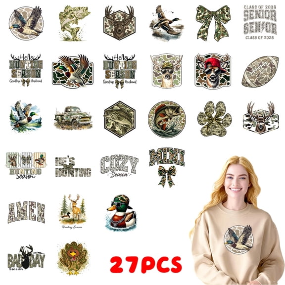 27PC DIY ironing applique patch, 18cm/7.08in, Duck Hunting Camouflage Deer Fish Bow Hunting Season Cozy Winter ,Easy Heat Transfer for T-Shirts, Jeans, Backpacks, Hats, Durable Washable Stickers