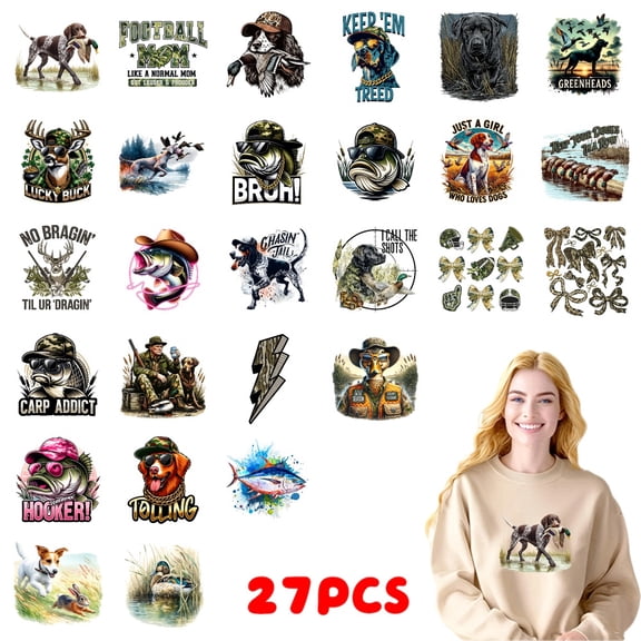 27PC DIY ironing applique patch, 18cm/7.08in, Football Mom Lucky Buck Brush Carp Addict Hooker Trolling Keep ,Easy Heat Transfer for T-Shirts, Jeans, Backpacks, Hats, Durable Washable Stickers
