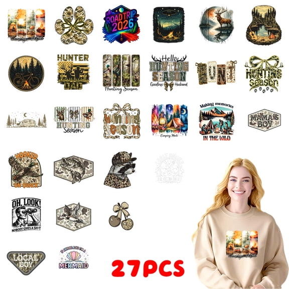 27PC DIY ironing applique patch, 18cm/7.08in, Nature Scenery Hunting Season Outdoor Adventure Wildlife Camping Forest ,Easy Heat Transfer for T-Shirts, Jeans, Backpacks, Durable Washable Stickers