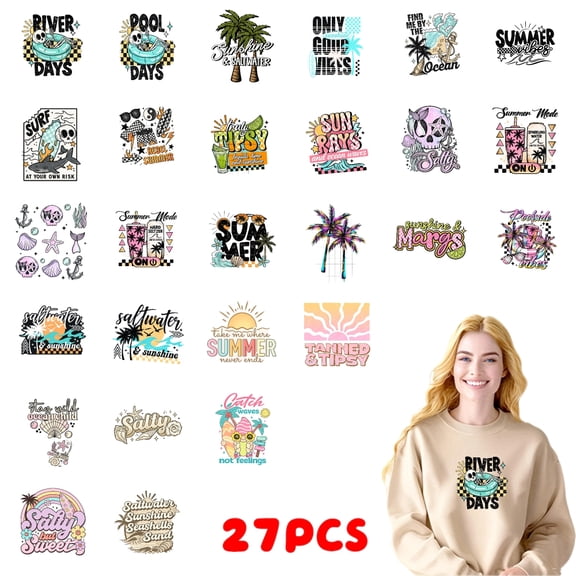 27PC DIY ironing applique patch, 18cm/7.08in, River Days Pool Days Summer Vibes Sun Rays Surf Time Saltwater Summer ,Easy Heat Transfer for T-Shirts, Jeans, Backpacks, Hats, Durable Washable Stickers