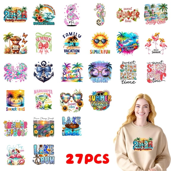 27PC DIY ironing applique patch, 18cm/7.08in, Summer Vibes Beach Fun Family Vacation Tropical Palm Trees Sun ,Easy Heat Transfer for T-Shirts, Jeans, Backpacks, Hats, Durable Washable Stickers