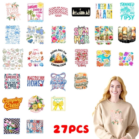 27PC DIY ironing applique patch, 18cm/7.08in, Summer Vibes Beach Waves Camping Crew American Honey Floral Patterns ,Easy Heat Transfer for T-Shirts, Jeans, Backpacks, Hats, Durable Washable Stickers