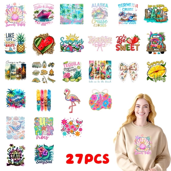 27PC DIY ironing applique patch, 18cm/7.08in, Summer Vibes Mother And Daughter Cruise Alaska Bermuda Lake Life ,Easy Heat Transfer for T-Shirts, Jeans, Backpacks, Hats, Durable Washable Stickers