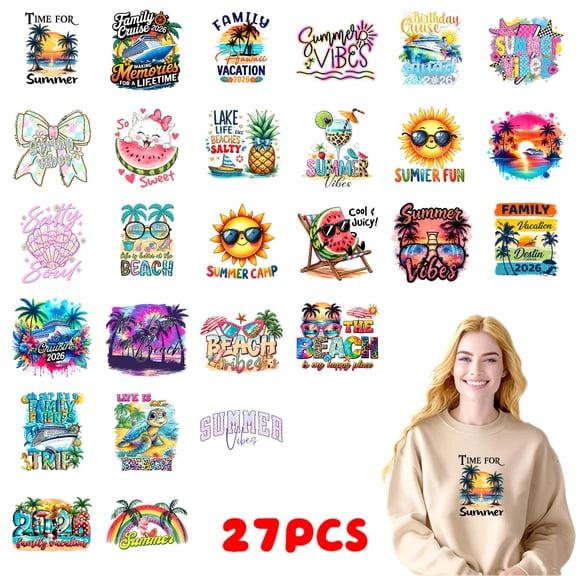 27PC DIY ironing applique patch, 18cm/7.08in, Time For Summer Family Vacation Summer Vibes Beach Fun Palm Trees Sun ,Easy Heat Transfer for T-Shirts, Jeans, Backpacks, Hats, Durable Washable Stickers