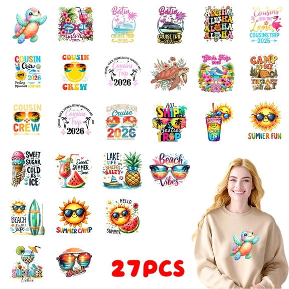 27PC DIY ironing applique patch, 18cm/7.08in, Turtle Sea Turtle Beach Vibes Summer Fun Cousin Crew 2026 ,Easy Heat Transfer for T-Shirts, Jeans, Backpacks, Hats, Durable Washable Stickers