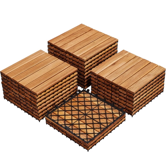 27PCS Acacia Wood Flooring Tiles, Interlocking Waterproof Deck Tiles for Outdoor Indoor Use, Patio Balcony Garden Poolside, Easy Snap Lock Design, Brown