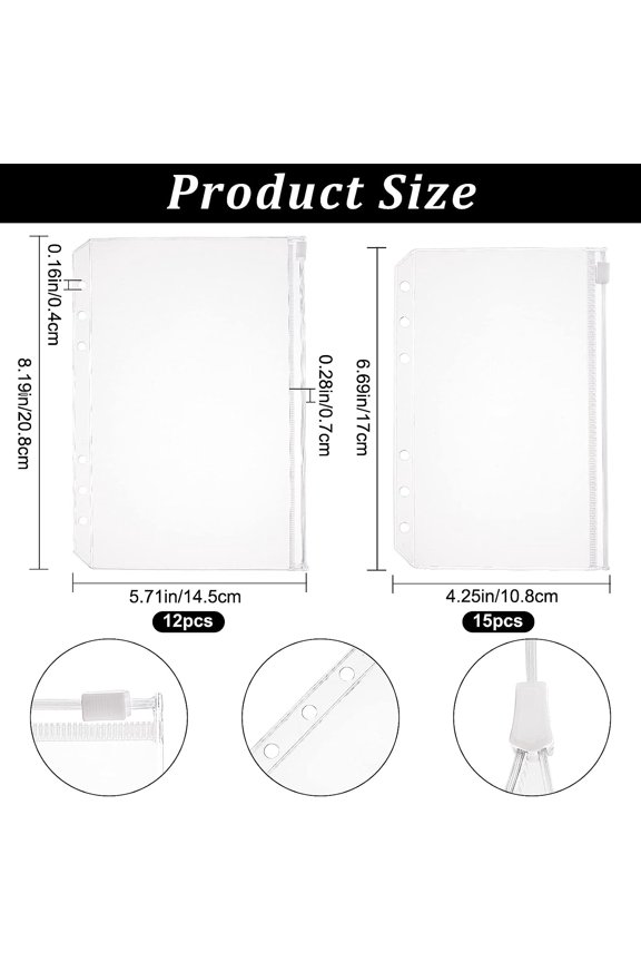 27PCS Binder Pockets 6 Holes Binder Pouches with Zipper 2 Sizes Binder Folders Waterproof PVC Binder Pouch for 6 Ring Binder Loose Leaf Document Filing Bags