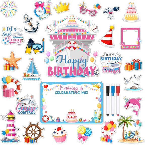 27PCS Birthday Cruise Door Magnets, Cruise Door Decorations Magnetic Funny Carnival Ship Magnets Nautical Happy Birthday Cabin Ship Magnetic Accessories for Door Fridge Car, with 3 Pcs Pen