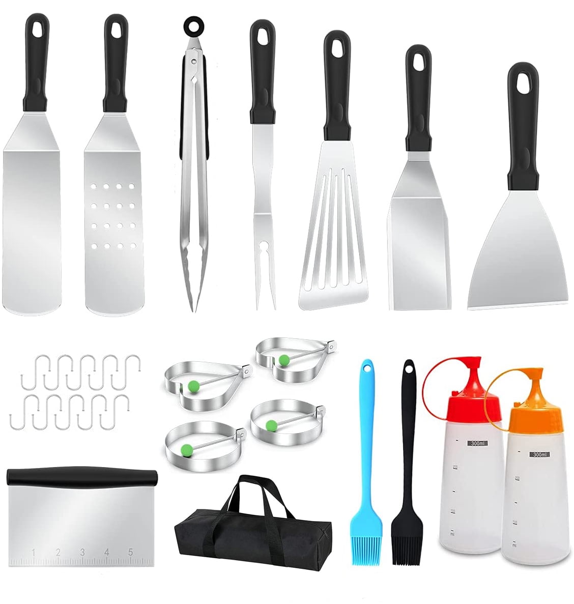 27PCS Griddle Grill Accessories, Flat Top Grill Tools Set for Blackstone and Camp Chef,  Outdoor BBQ Utensil Kit Including Spatula, Squeeze Bottle, Tongs, Egg Rings and Bag Griddle Tools