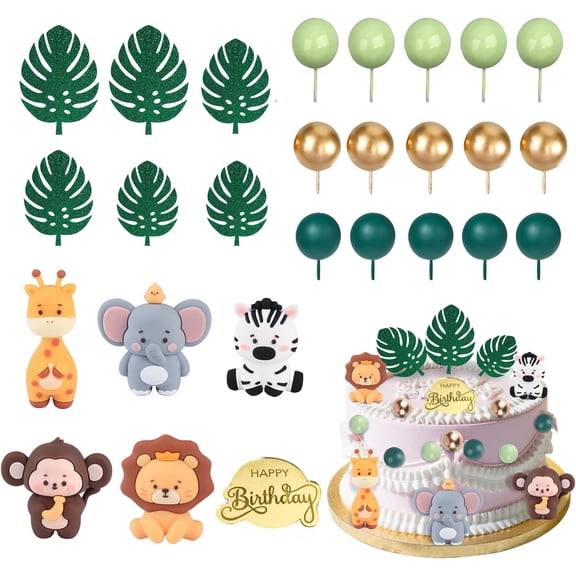 27PCS Safari Animal Cake Topper, Plam Leaves Balls Cake Decorations Birthday Cake for Wild Theme Birthday Decorations Supplies