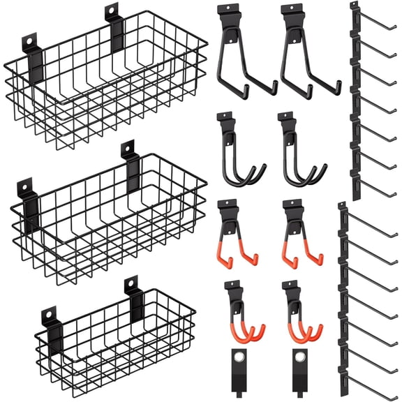 27PCS Slatwall Accessories Kit, Includes 3 Pack Ventilated Metal Wire Slat Wall Baskets, Multisized Heavy Duty Slatwall Hooks and Storage Strap for Room Workshop Garage Organization