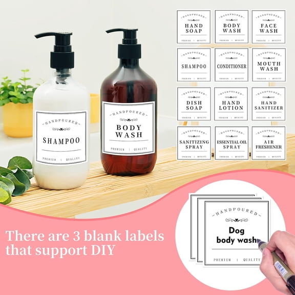 27PCS Waterproof Lables for Bottles, Bathroom Hand Soap Shampoo and Conditioner Dispenser Label Stickers, Removable Bottle Labels for Mouthwash Body Lotion, with 3 Blank Labels (White)