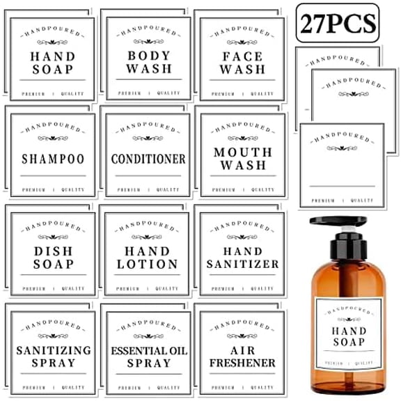 27PCS Waterproof Lables for Bottles, Bathroom Hand Soap Shampoo and Conditioner Dispenser Stickers, Removable Bottle Labels for Mouthwash Body Lotion, with 3 Blank Labels (White)