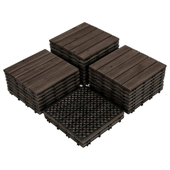 27PCS Wood Flooring Tiles Interlocking Patio Deck Tiles Blocks Indoor Outdoor Solid Wood 12 x 12in Dark Brown