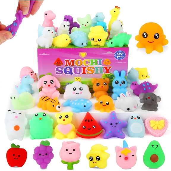 27PSC Mochi Squishy Toys, Mini Kawaii Squishies Party Favors for Adult Birthday Gifts Fidget Sensory Treasure Box Toys for Classroom Prizes Pinata Goodie Bags Xmas Stocking Stuffers