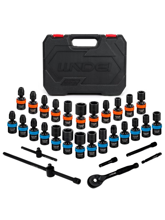 27Pcs 3/8" Drive Swivel Impact Socket Set, CR-MO Swivel Socket Set Metric(8-22mm)& SAE(5/16-3/4),6 Point Wobble Socket Set with Ratchet Wrench, Extension Bar and Adapters.