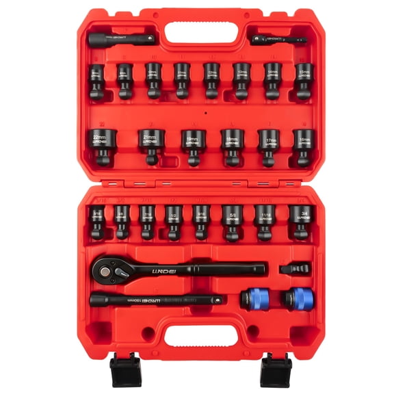 27Pcs 3/8" Drive Swivel Impact Socket Set, CR-MO Swivel Socket Set Metric(8-22mm)& SAE(5/16-3/4),6 Point Wobble Socket Set with Ratchet Wrench, Extension Bar and Adapters.