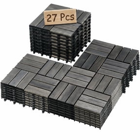 27Pcs Acacia Wood Interlocking Patio Deck Tiles, 12 x 12 x 1 Inch Outdoor Flooring Waterproof for for Patio Balcony Backyard Porch, Black