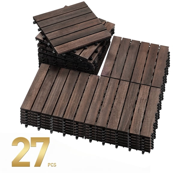 27Pcs Acacia Wood Interlocking Patio Deck Tiles, 12 x 12 x 1 Inch Outdoor Flooring Waterproof for for Patio Balcony Backyard Porch, Espresso