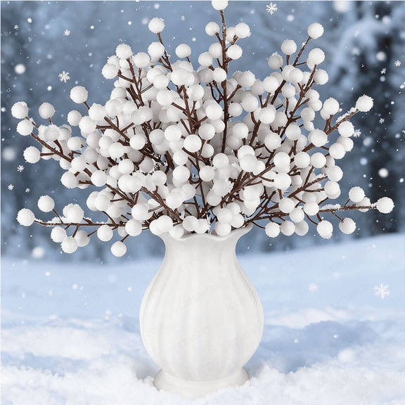 27Pcs Artificial White Berry Stem  Faux Bright White Round Fruit Pick with Brown Branches for Vase Floral Arrangement Winter Holiday Home Table Mantel Decor