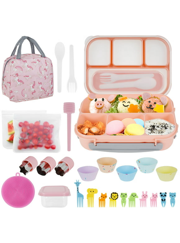 27Pcs Bento Box Lunch Box Kit Reusable Bento Lunch Box Set 1300ml Lunch Food Container with Compartments Leak-proof Bento Container with Storage Bag Sauce Box Fork Spoon Fruit Forks for Kids Adults