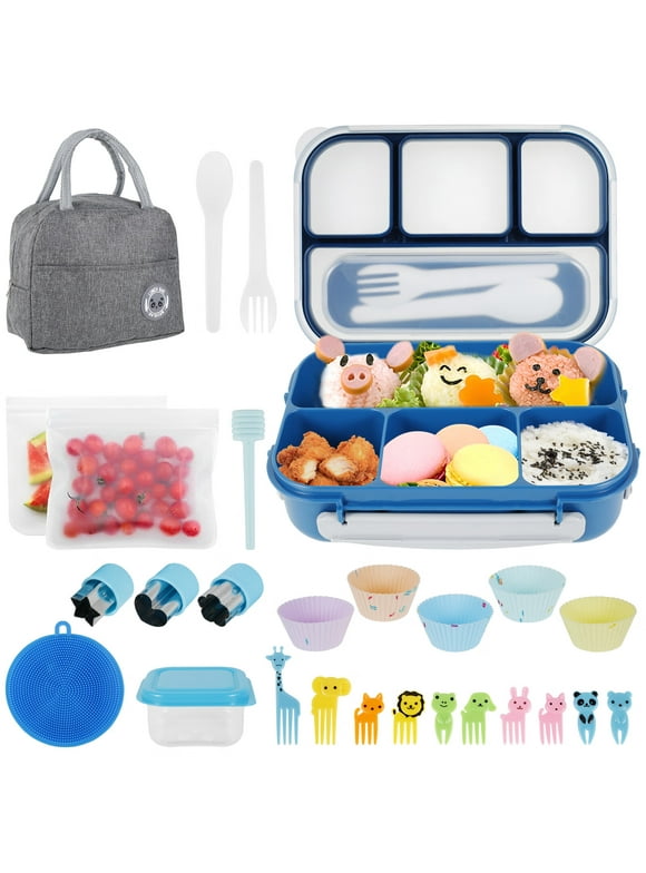 27Pcs Bento Box Lunch Box Kit Reusable Bento Lunch Box Set 1300ml Lunch Food Container with Compartments Leak-proof Bento Container with Storage Bag Sauce Box Fork Spoon Fruit Forks for Kids Adults