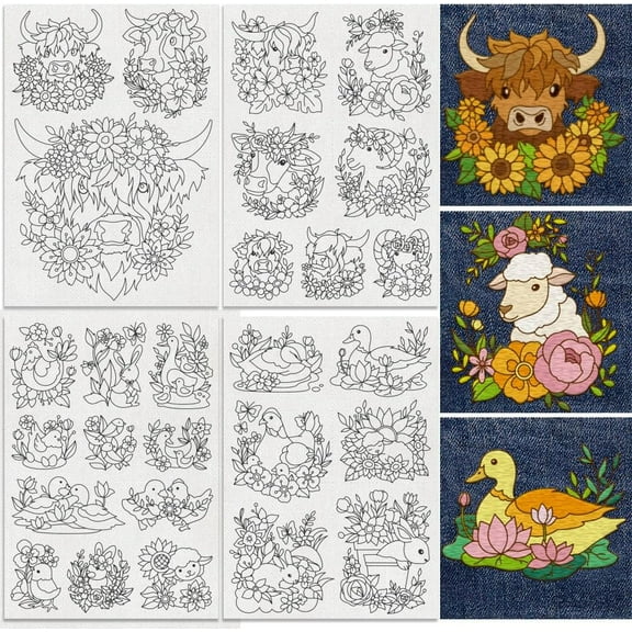 27Pcs Farm Animals and Flowers Embroidery Pattern Stabilizer 8.3"x11.7" Highland Cow Sheep Soluble Stick and Stitch Embroidery Sticker 4 Sheets Rabbit Duck Water Hand Sewing DIY Embroidery Paper