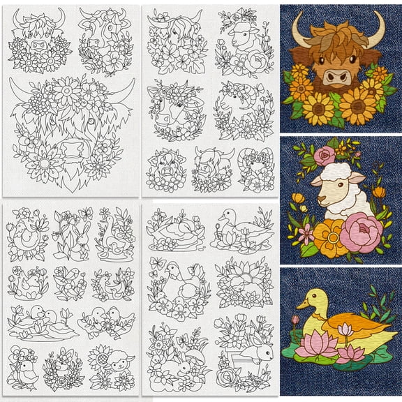 27Pcs Farm Animals and Flowers Embroidery Pattern Stabilizer Highland Cow Sheep Soluble Stick and Stitch Embroidery Sticker 4 Sheets Rabbit