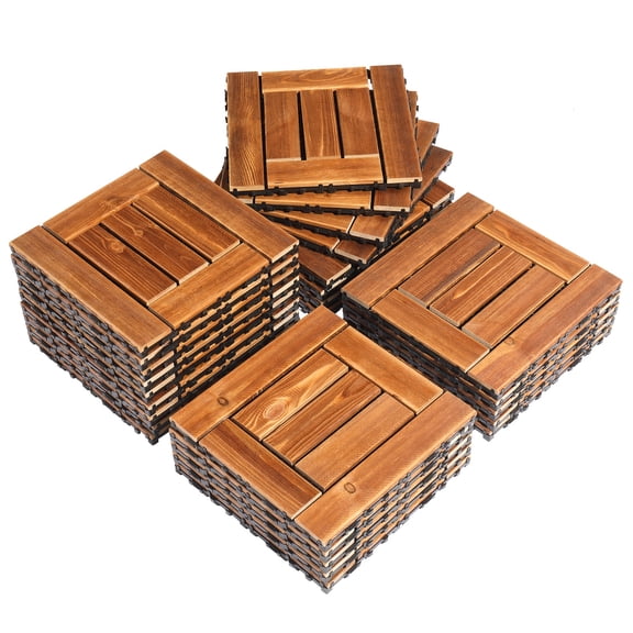 27Pcs Interlocking Deck Tiles, 1.8"x11.8" Square Wood Deck Tiles for Backyard Garden Deck Poolside, All-Weather & Waterproof Patio Pavers Floor Tiles, Checker-Wood Color
