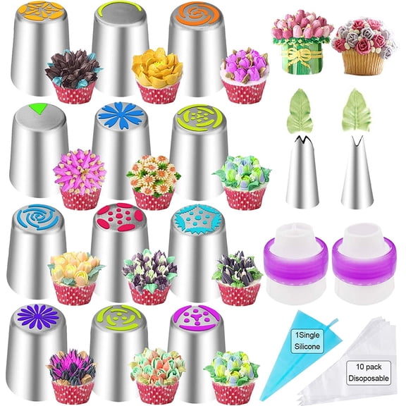 27Pcs Russian Piping Tips Set,Flower Frosting Tips For Cake Cupcake Decorating,12Russian Icing Tips,2Leaf Piping Tips,10Disposable Pastry Bags,1Reusable Silicone Pastry Bag,2Couplers Baking Supplies