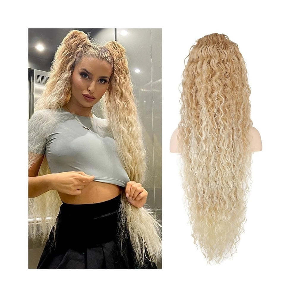 27T613 Blonde Curly Drawstring Ponytail Extension 36 Inch Long Multi Layered Synthetic Ponytail Hair Piece
