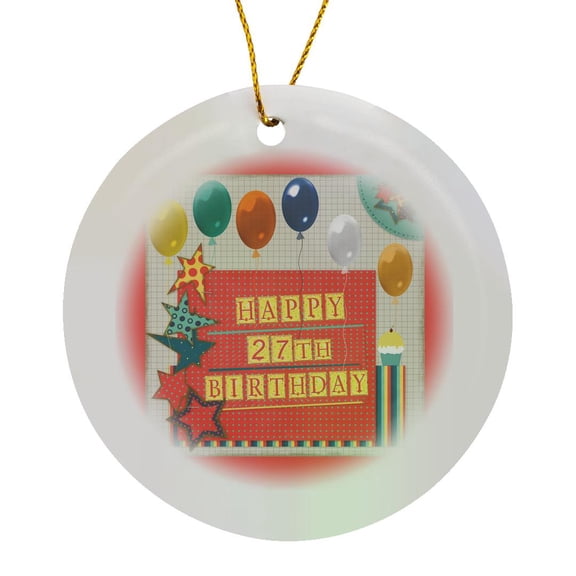 3drose, 27th Birthday, Balloons, Cupcake, Stars, Block Letter, Orange, Green, Circle Porcelain Ornament