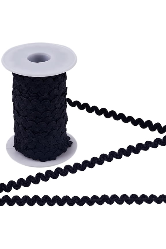 27Yds RIC Rac Nylon S Shaped Elastic Lace Ribbon Wave Bending Fringe Trim 3/8 inch(10mm) Wide Woven Fabric Ribbon for DIY Sewing Crafts Wedding Dress Gift Wrapping Black