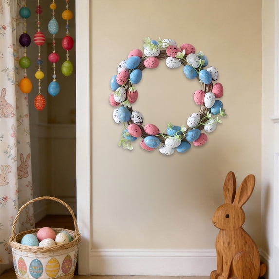 27cm Easter Wreath with Bunny and Eggs, Spring Holiday Door Hanging ...